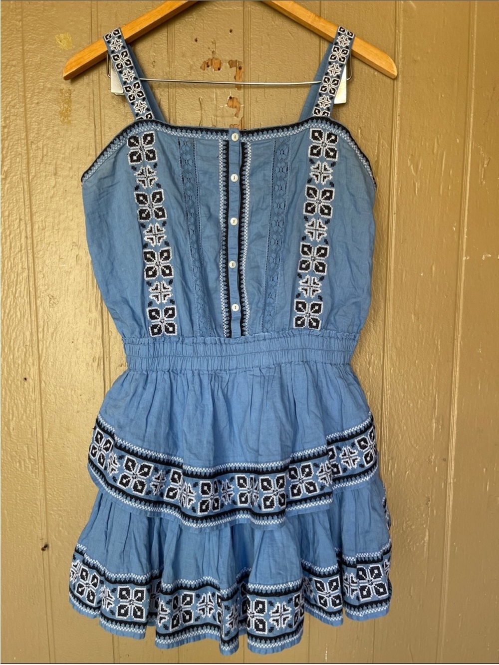 LoveShackFancy Embroidered Tiered Mini Dress in Blue Size M
